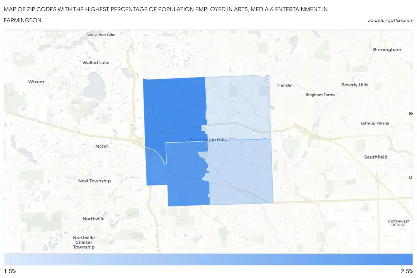 Zip Codes with the Highest Percentage of Population Employed in Arts, Media & Entertainment in Farmington Map