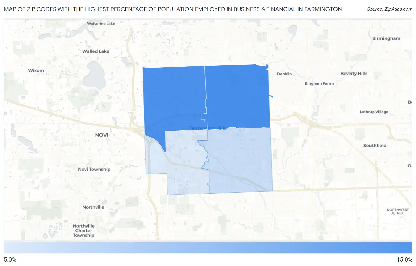 Zip Codes with the Highest Percentage of Population Employed in Business & Financial in Farmington Map