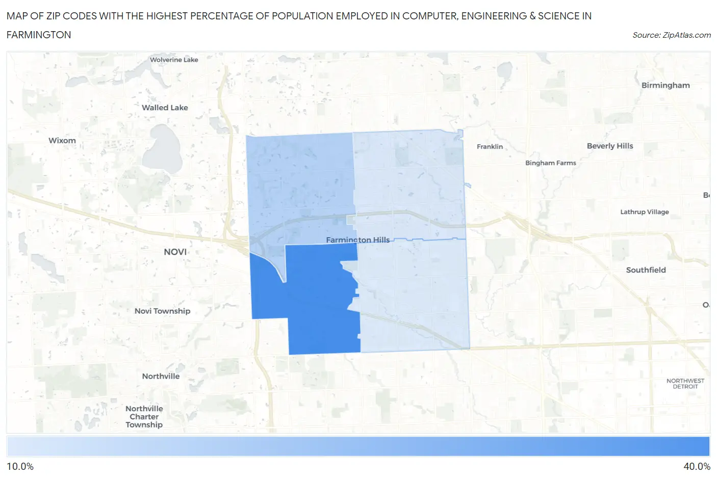 Zip Codes with the Highest Percentage of Population Employed in Computer, Engineering & Science in Farmington Map