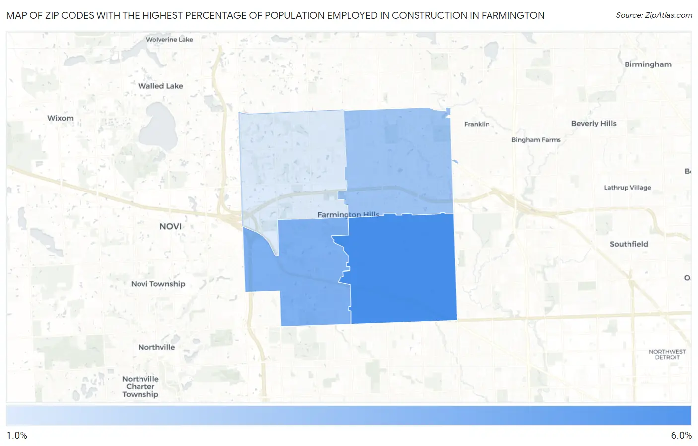 Zip Codes with the Highest Percentage of Population Employed in Construction in Farmington Map