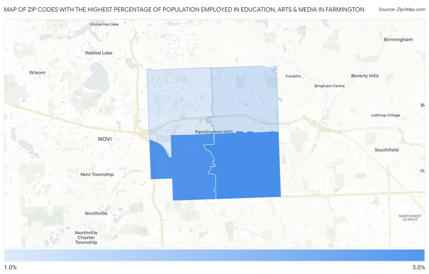Zip Codes with the Highest Percentage of Population Employed in Education, Arts & Media in Farmington Map