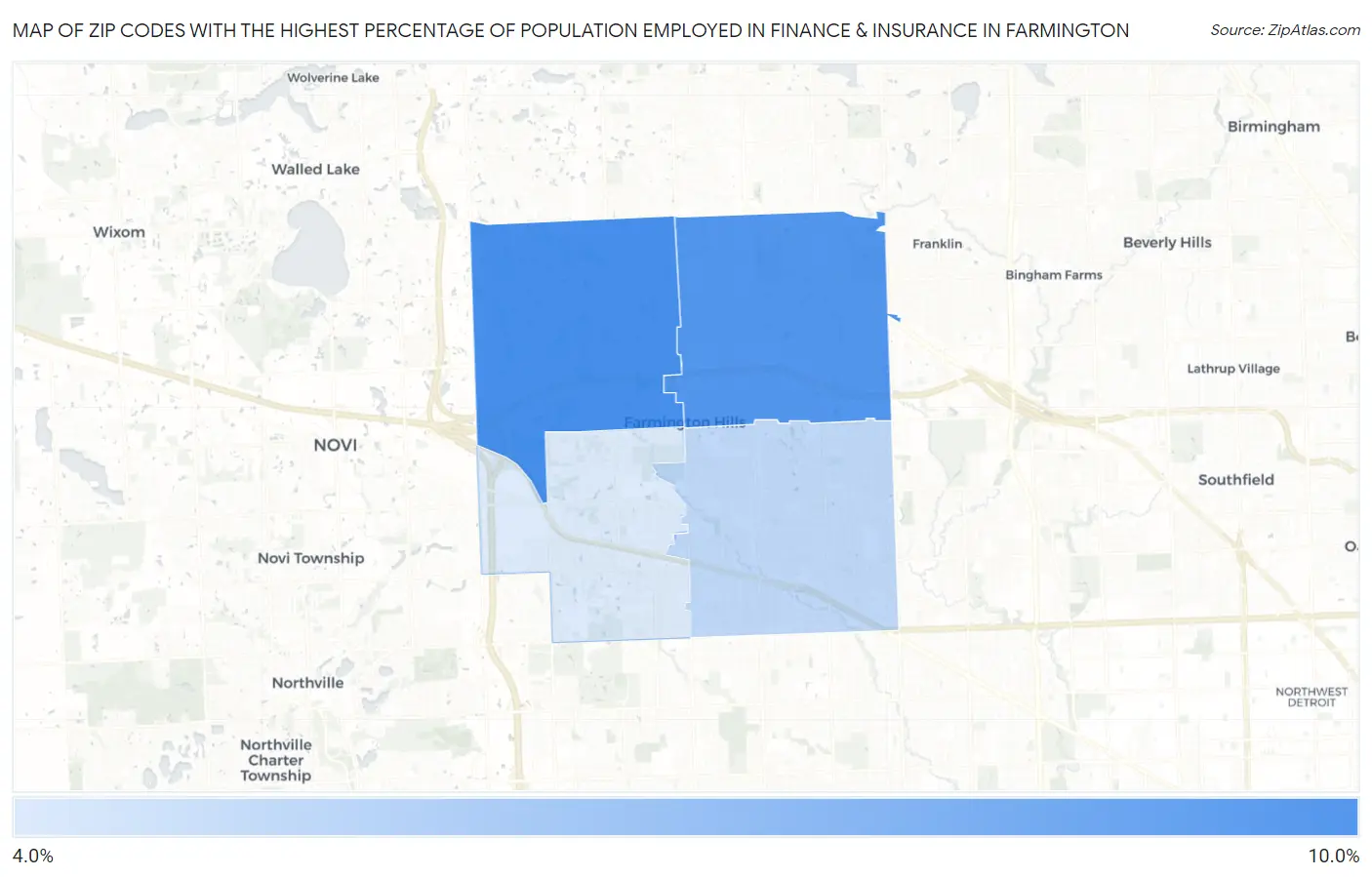 Zip Codes with the Highest Percentage of Population Employed in Finance & Insurance in Farmington Map