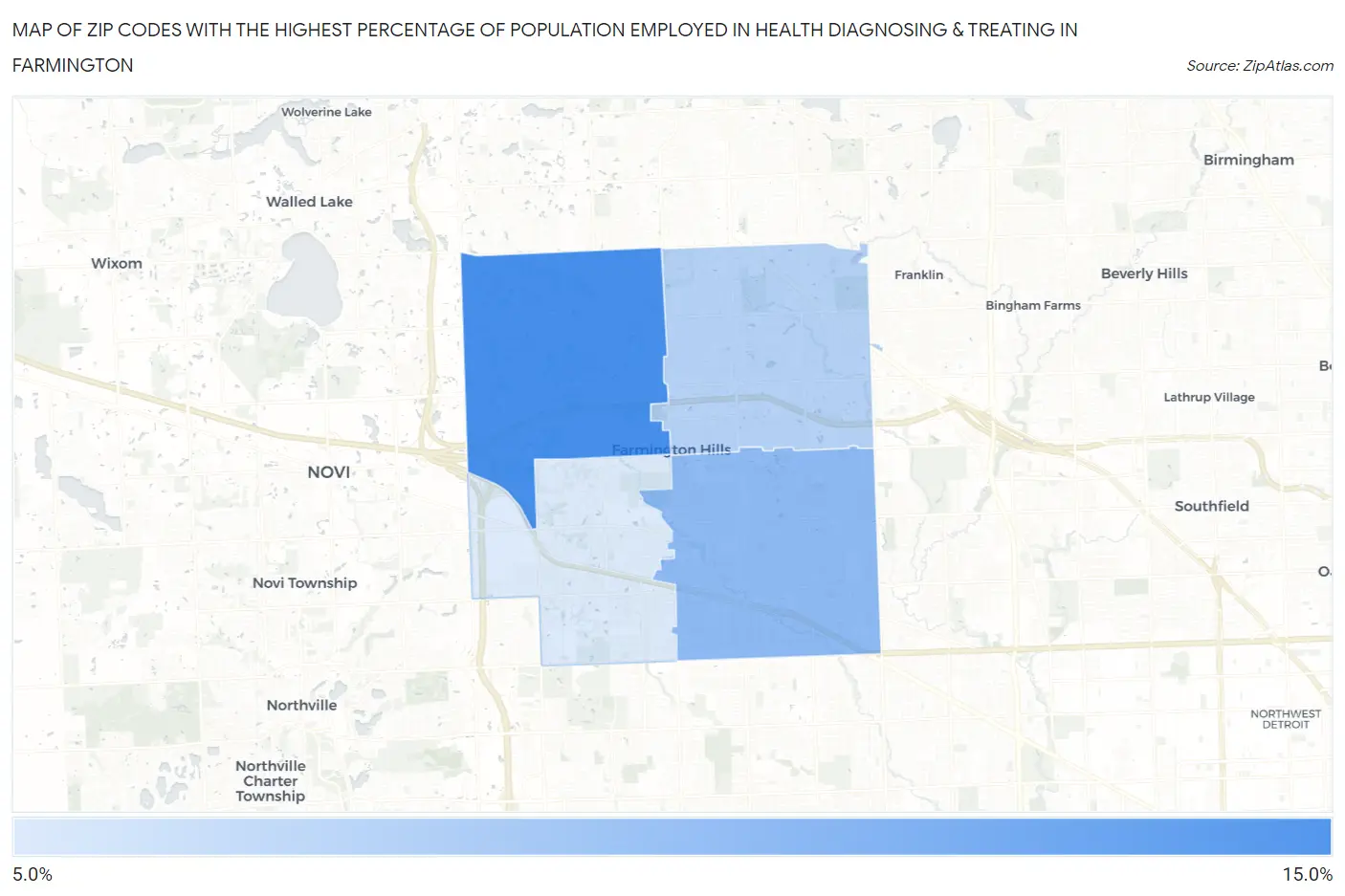 Zip Codes with the Highest Percentage of Population Employed in Health Diagnosing & Treating in Farmington Map