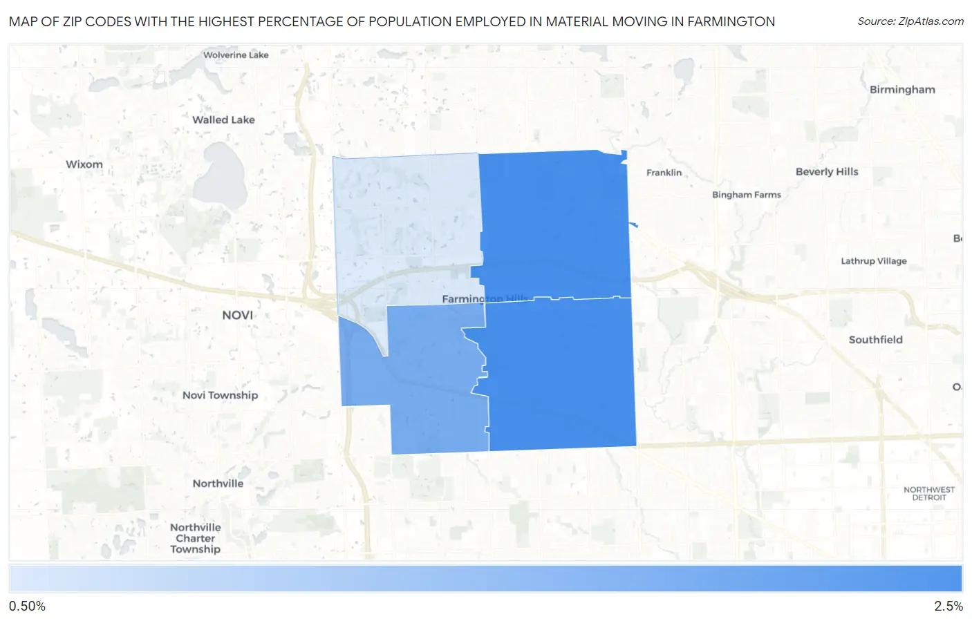 Zip Codes with the Highest Percentage of Population Employed in Material Moving in Farmington Map