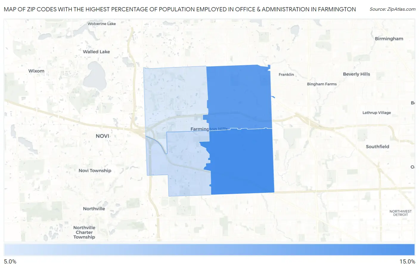 Zip Codes with the Highest Percentage of Population Employed in Office & Administration in Farmington Map