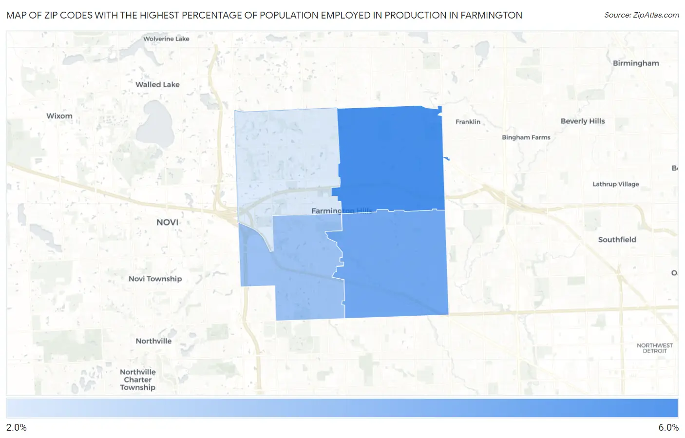 Zip Codes with the Highest Percentage of Population Employed in Production in Farmington Map