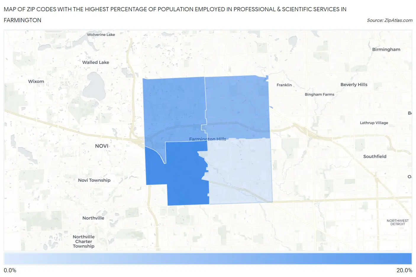 Zip Codes with the Highest Percentage of Population Employed in Professional & Scientific Services in Farmington Map
