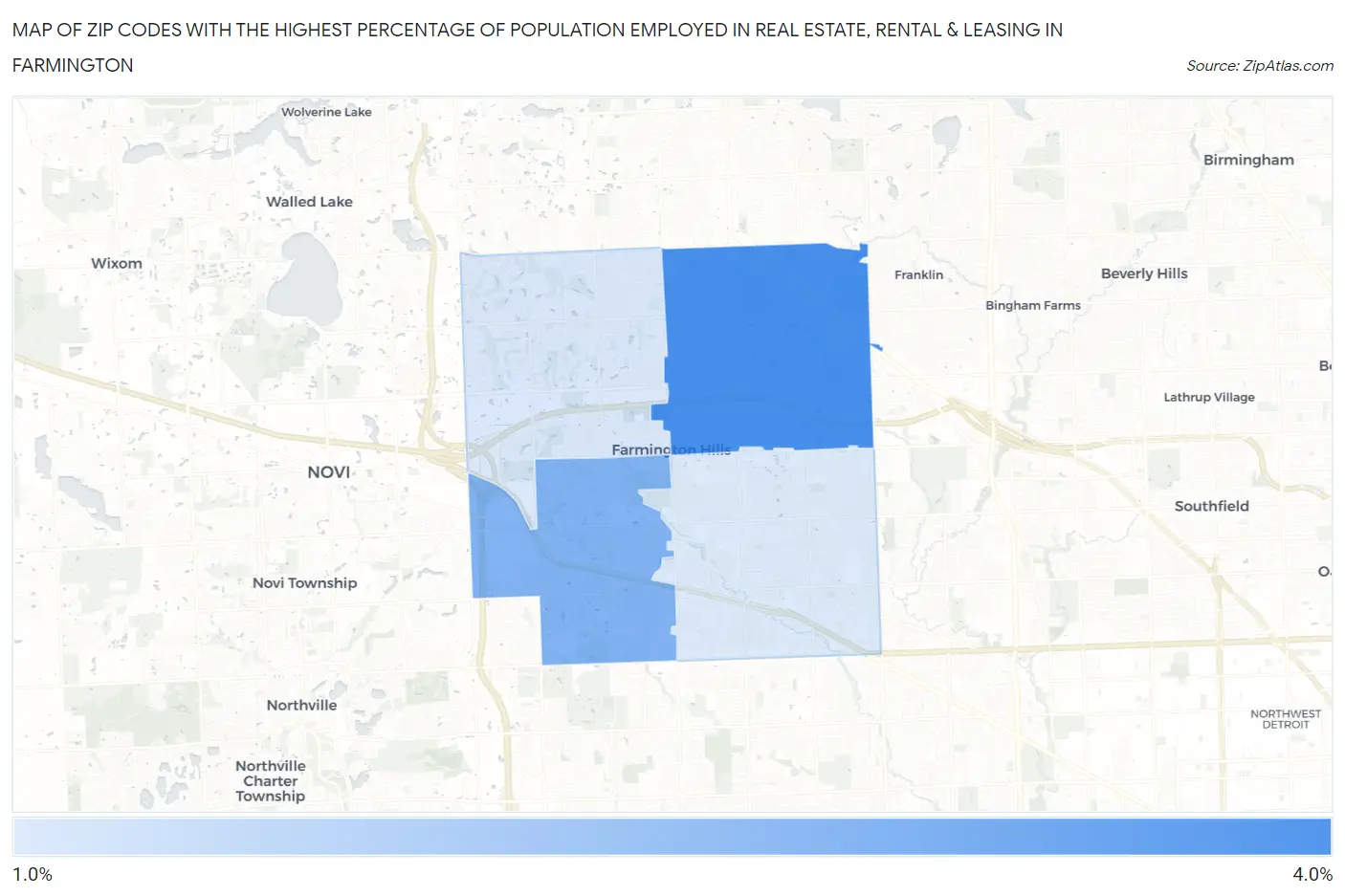 Zip Codes with the Highest Percentage of Population Employed in Real Estate, Rental & Leasing in Farmington Map