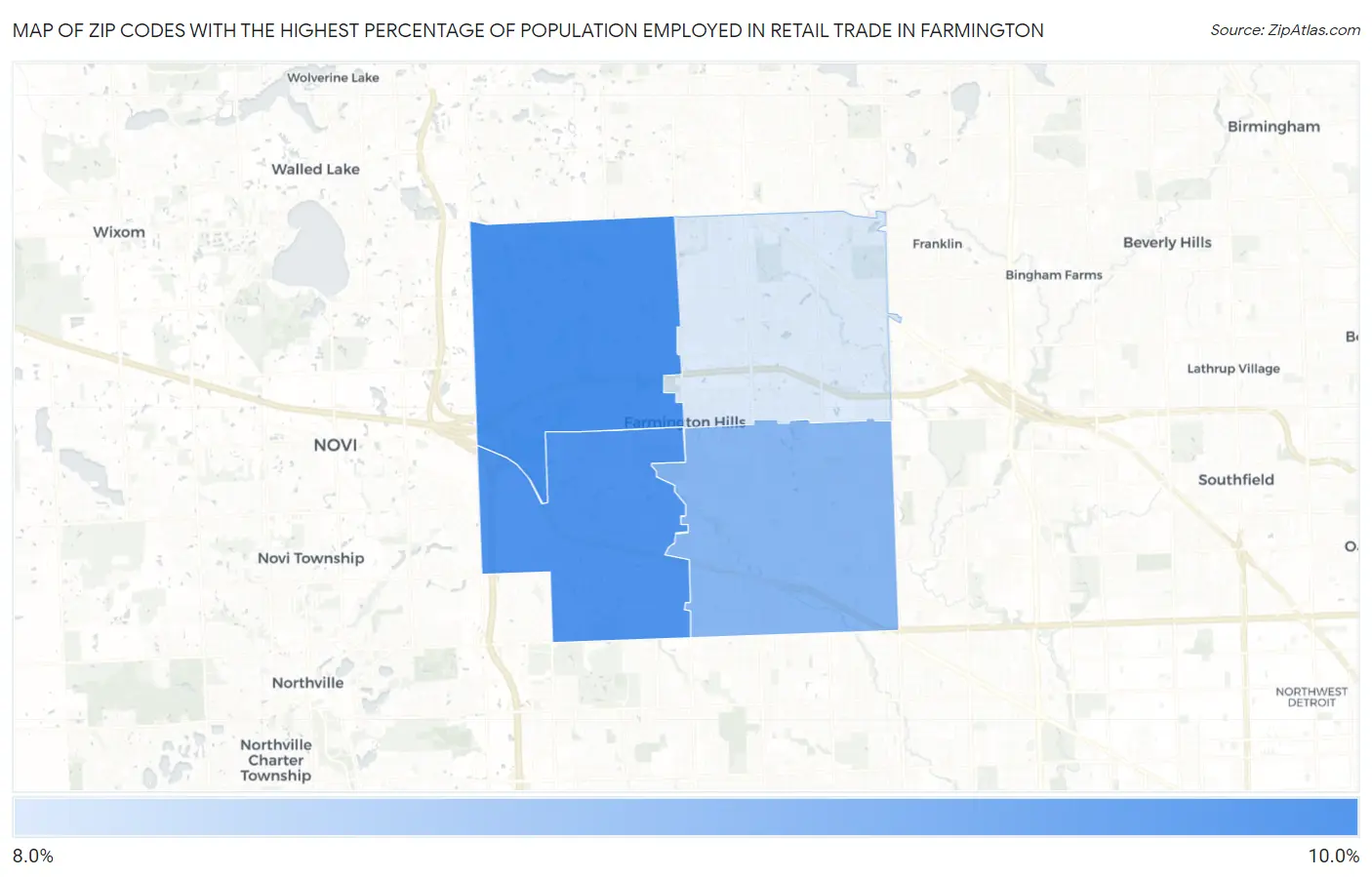Zip Codes with the Highest Percentage of Population Employed in Retail Trade in Farmington Map