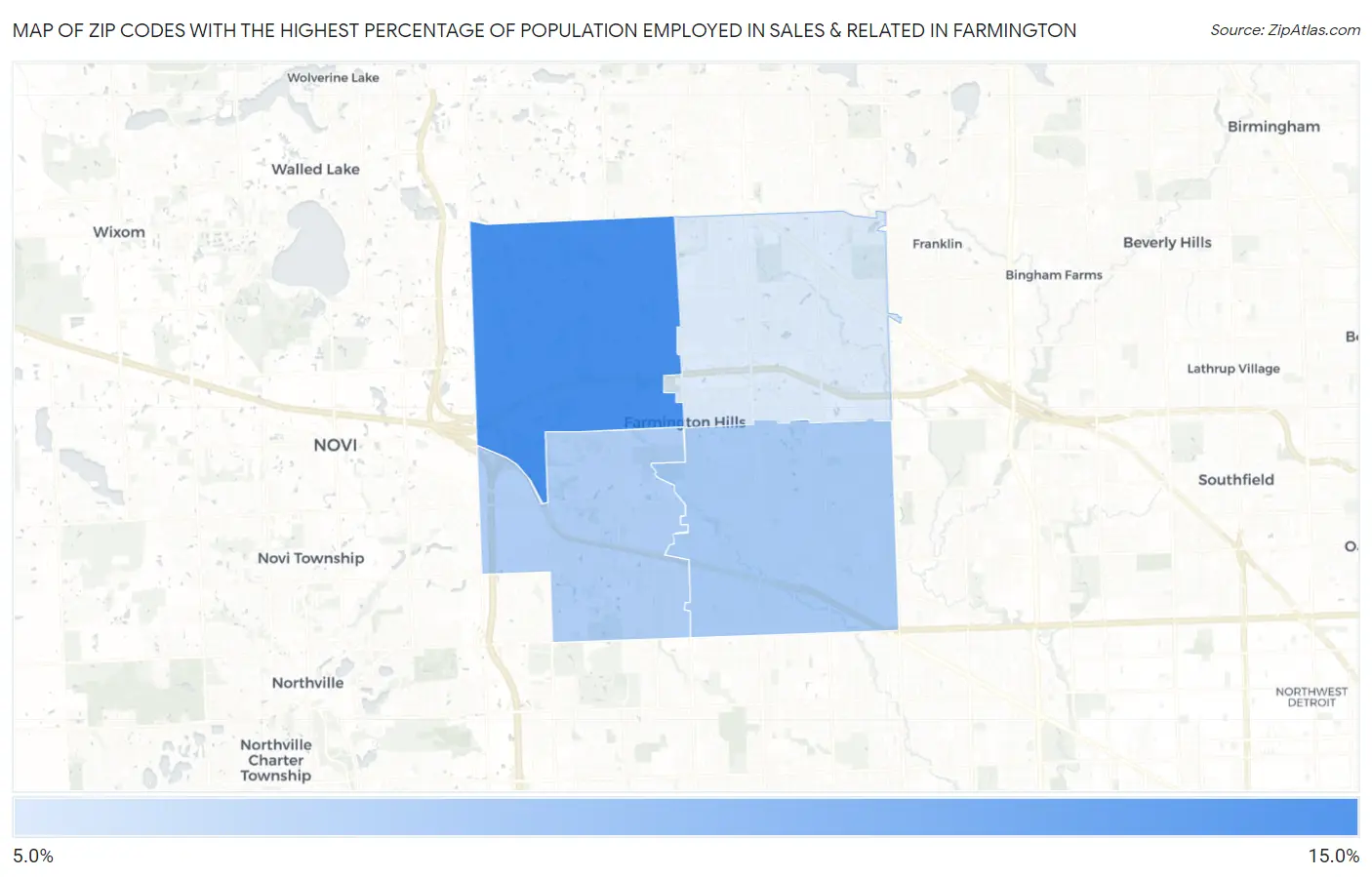 Zip Codes with the Highest Percentage of Population Employed in Sales & Related in Farmington Map