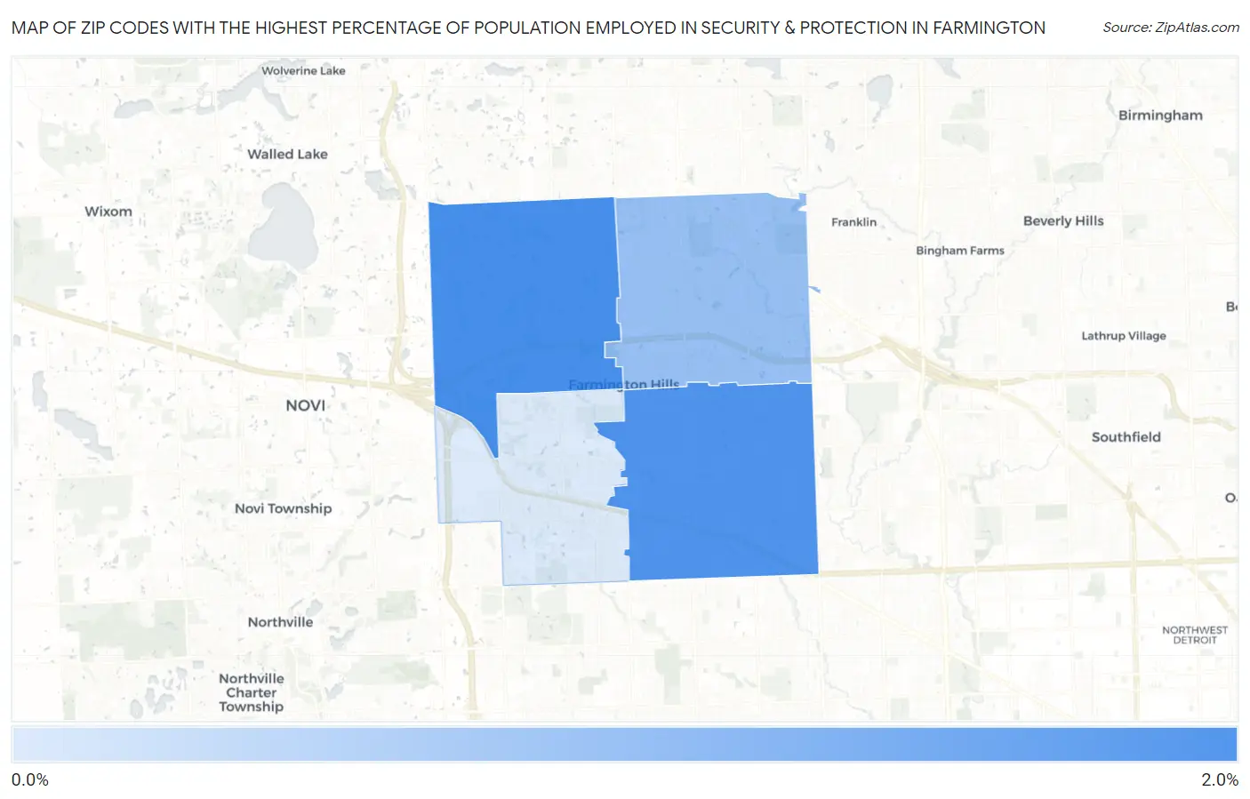 Zip Codes with the Highest Percentage of Population Employed in Security & Protection in Farmington Map