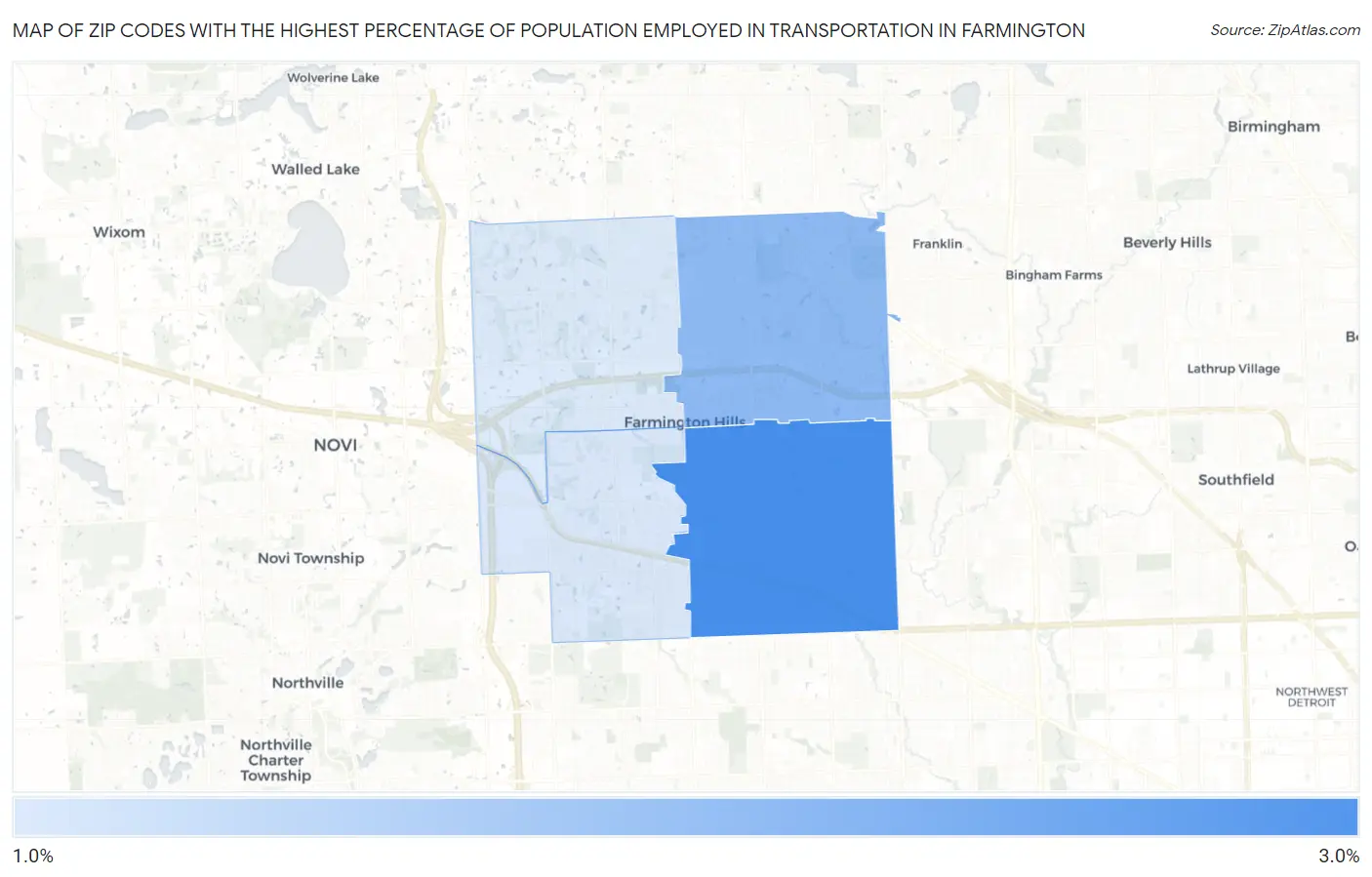 Zip Codes with the Highest Percentage of Population Employed in Transportation in Farmington Map