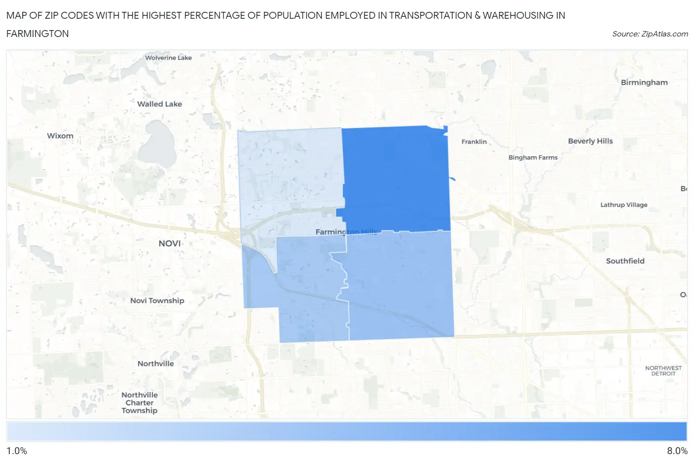 Zip Codes with the Highest Percentage of Population Employed in Transportation & Warehousing in Farmington Map