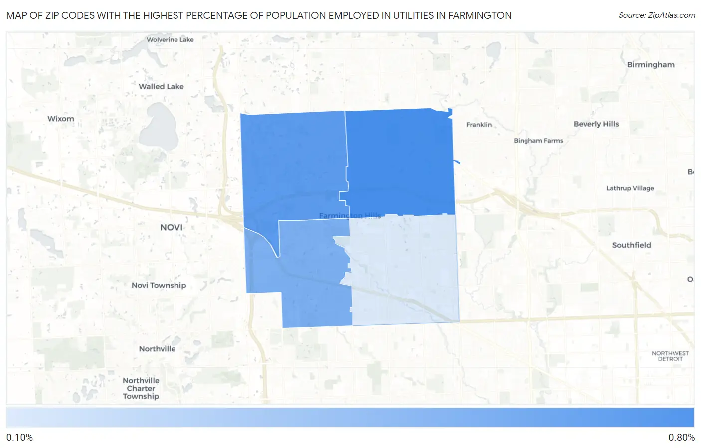 Zip Codes with the Highest Percentage of Population Employed in Utilities in Farmington Map