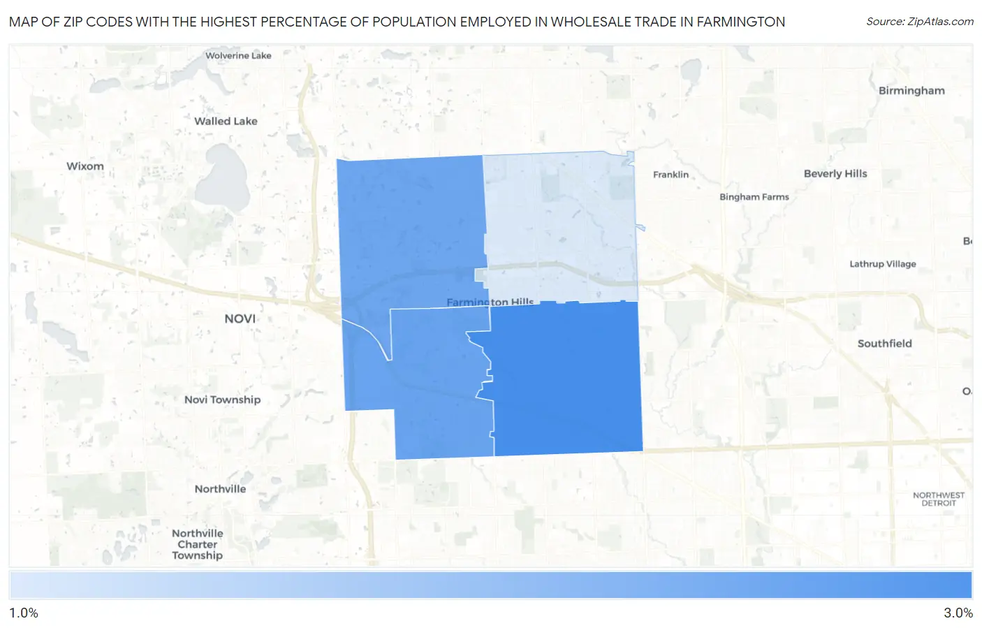 Zip Codes with the Highest Percentage of Population Employed in Wholesale Trade in Farmington Map