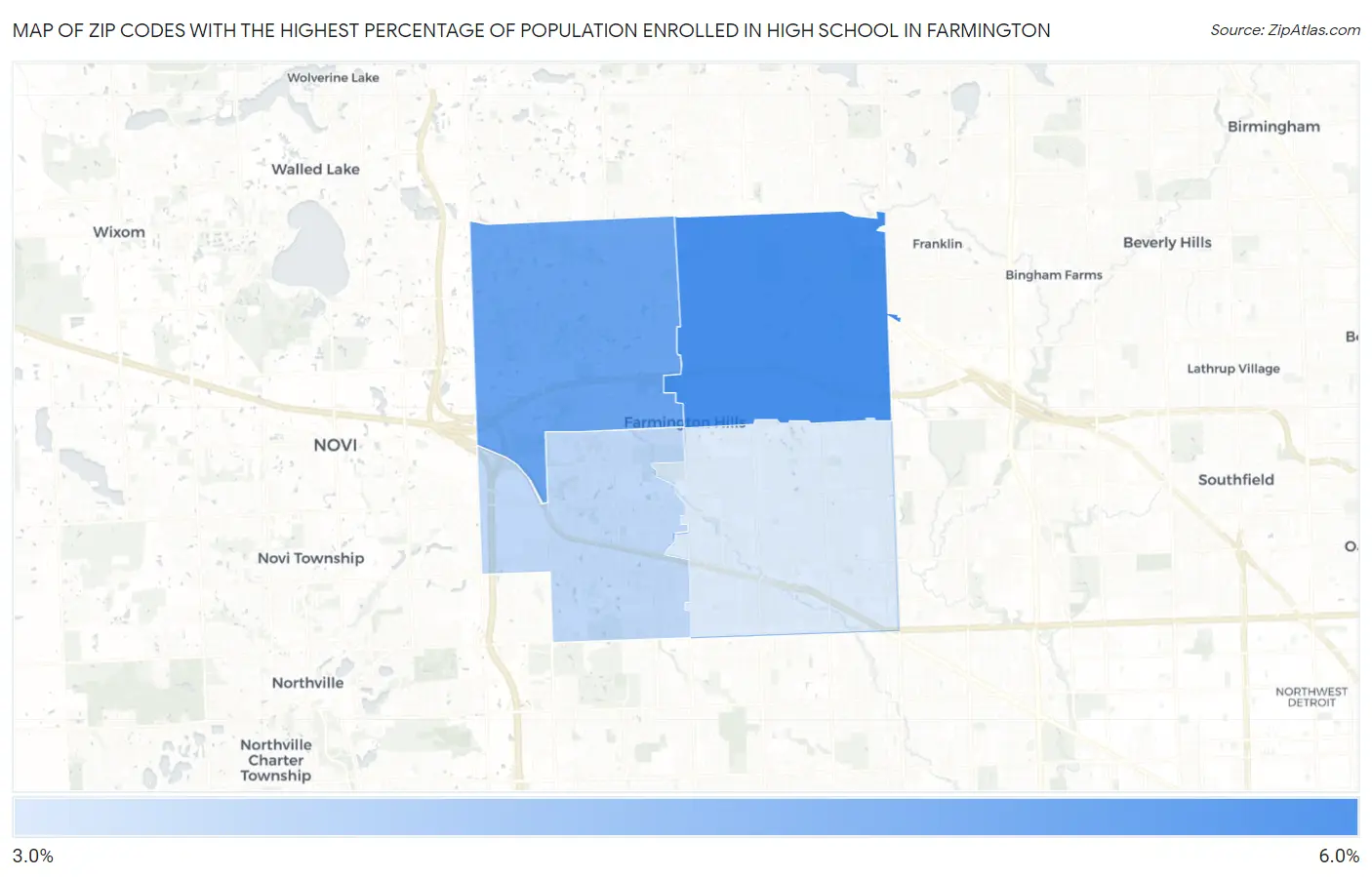 Zip Codes with the Highest Percentage of Population Enrolled in High School in Farmington Map