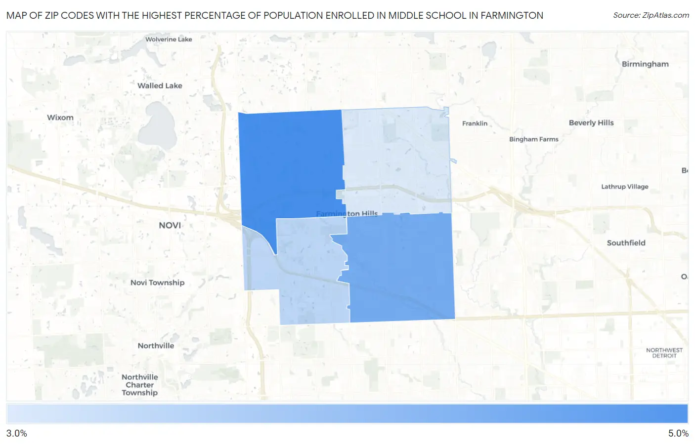 Zip Codes with the Highest Percentage of Population Enrolled in Middle School in Farmington Map