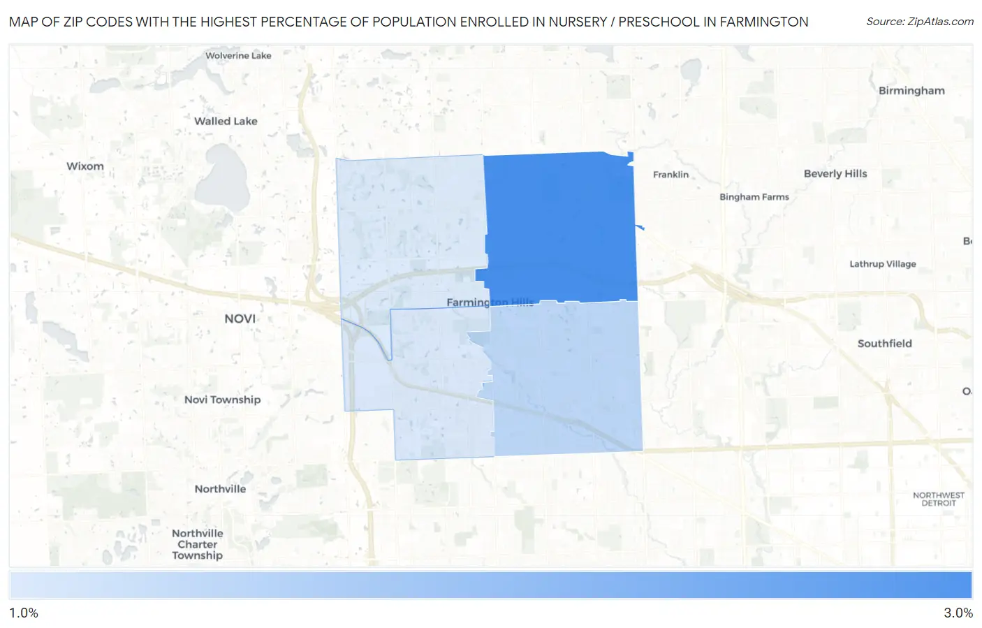 Zip Codes with the Highest Percentage of Population Enrolled in Nursery / Preschool in Farmington Map