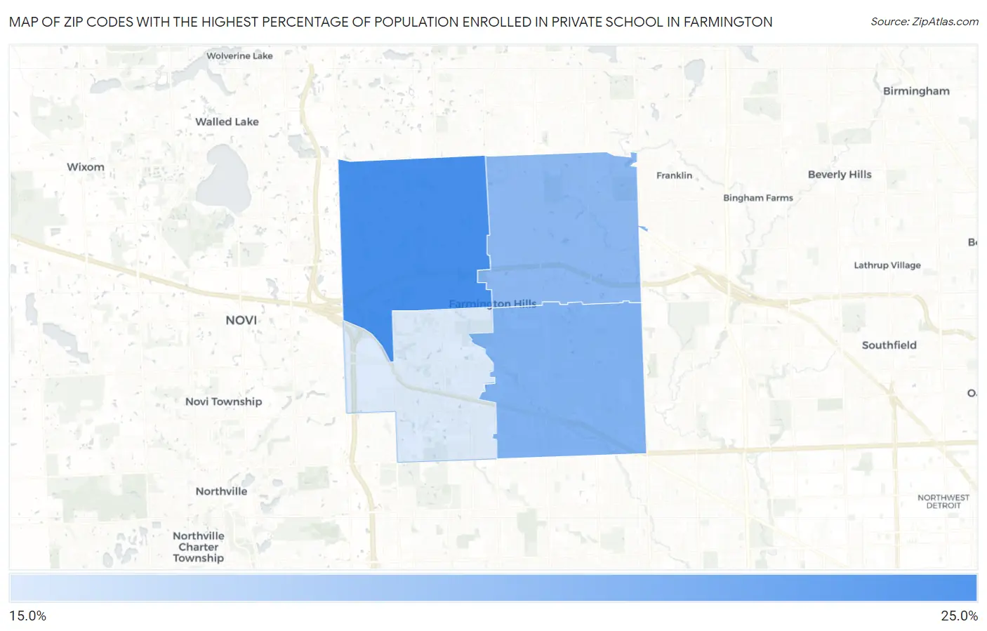 Zip Codes with the Highest Percentage of Population Enrolled in Private School in Farmington Map