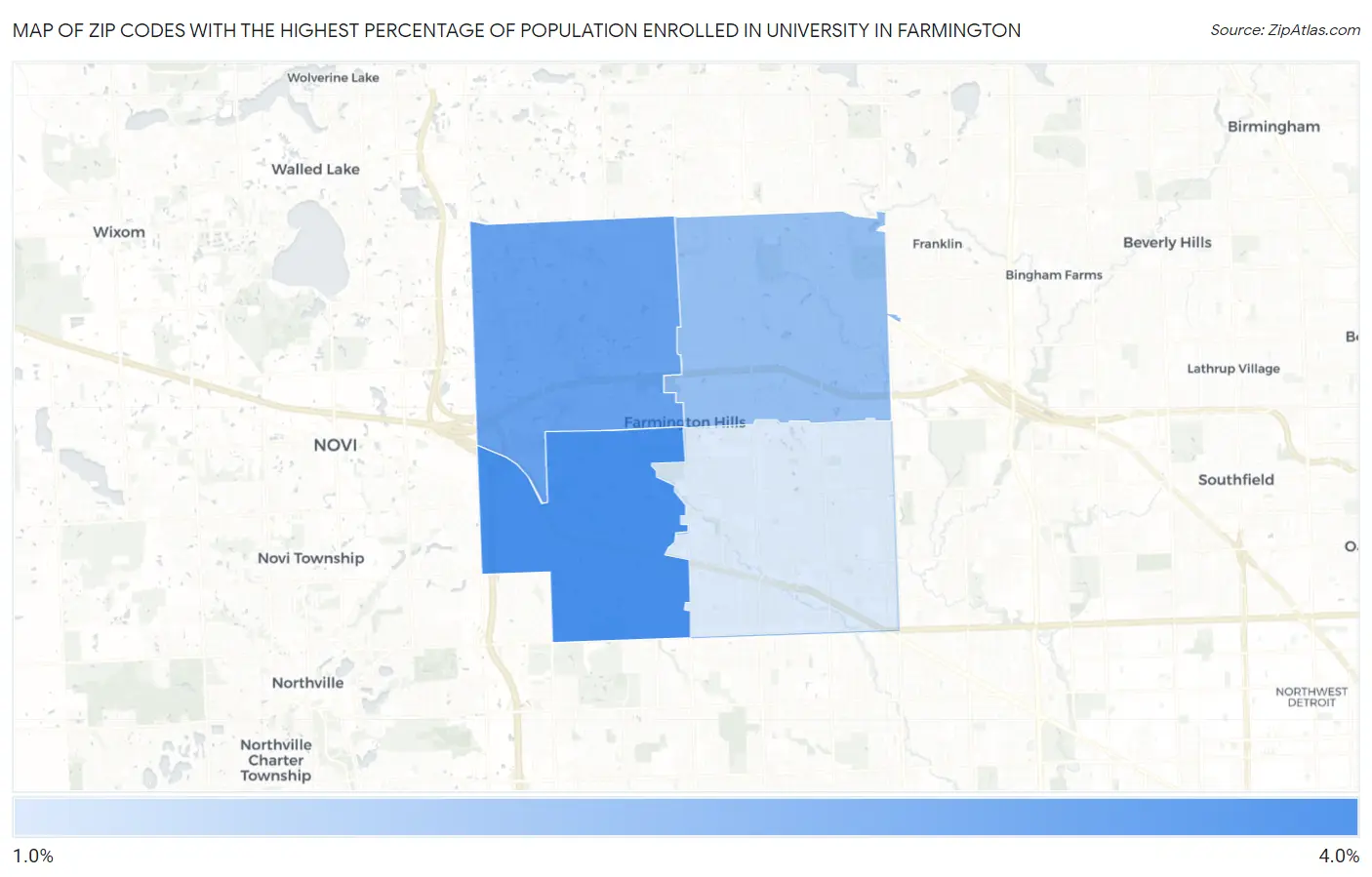 Zip Codes with the Highest Percentage of Population Enrolled in University in Farmington Map