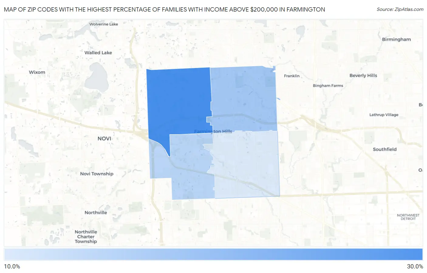 Zip Codes with the Highest Percentage of Families with Income Above $200,000 in Farmington Map