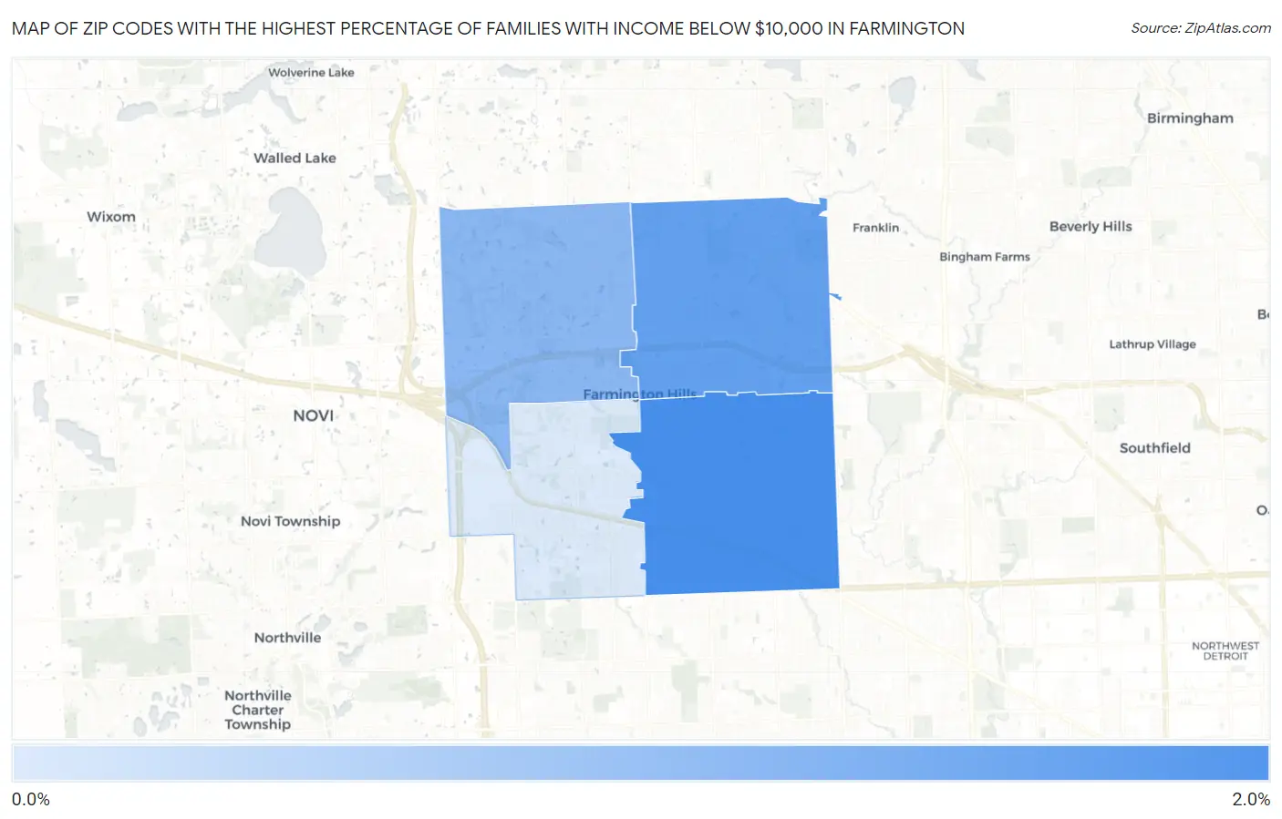 Zip Codes with the Highest Percentage of Families with Income Below $10,000 in Farmington Map
