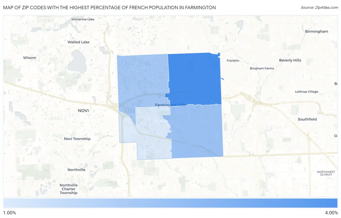 Zip Codes with the Highest Percentage of French Population in Farmington Map