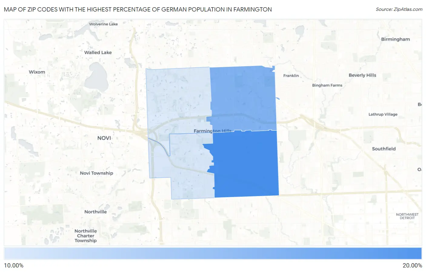 Zip Codes with the Highest Percentage of German Population in Farmington Map