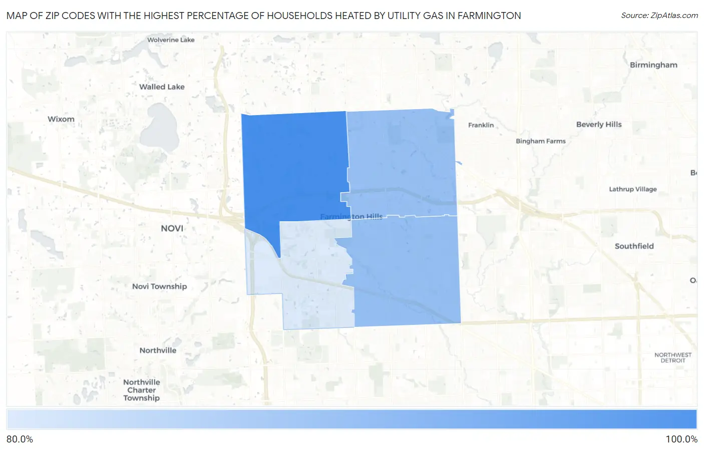 Zip Codes with the Highest Percentage of Households Heated by Utility Gas in Farmington Map