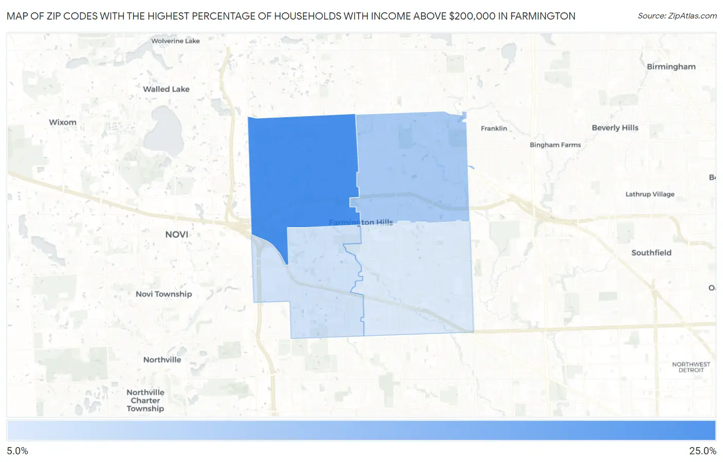 Zip Codes with the Highest Percentage of Households with Income Above $200,000 in Farmington Map
