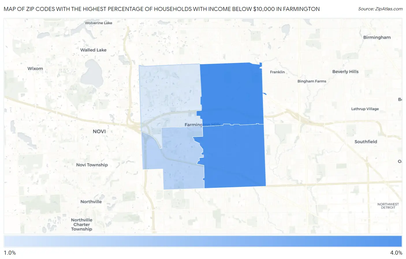 Zip Codes with the Highest Percentage of Households with Income Below $10,000 in Farmington Map