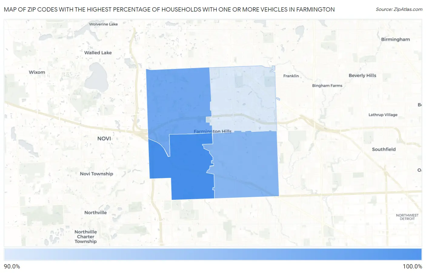 Zip Codes with the Highest Percentage of Households With One or more Vehicles in Farmington Map