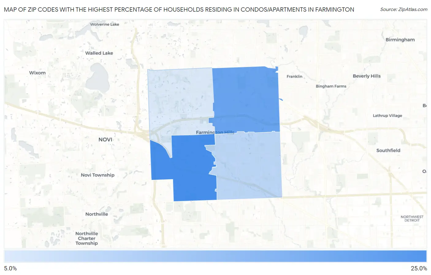 Zip Codes with the Highest Percentage of Households Residing in Condos/Apartments in Farmington Map