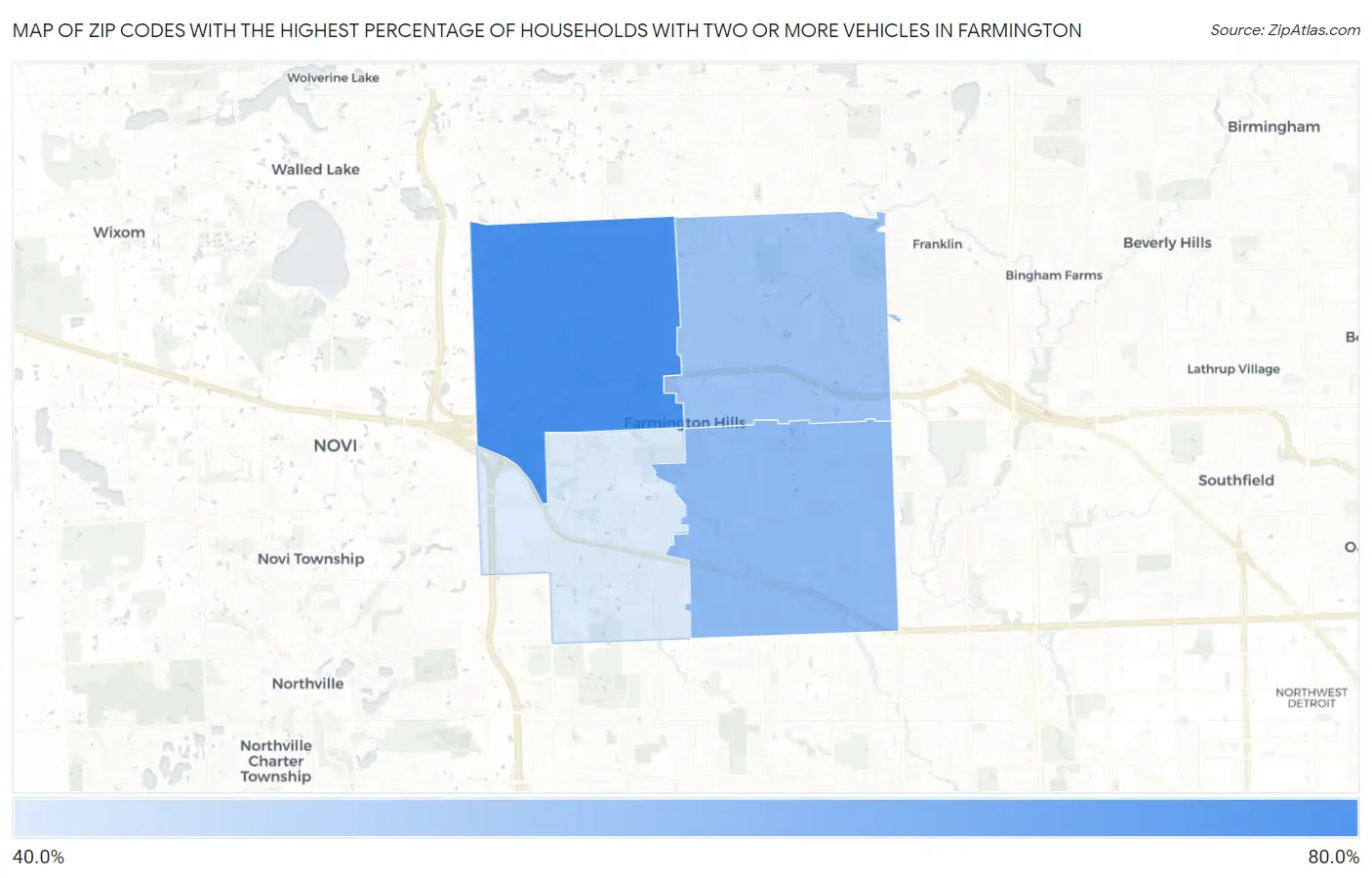Zip Codes with the Highest Percentage of Households With Two or more Vehicles in Farmington Map