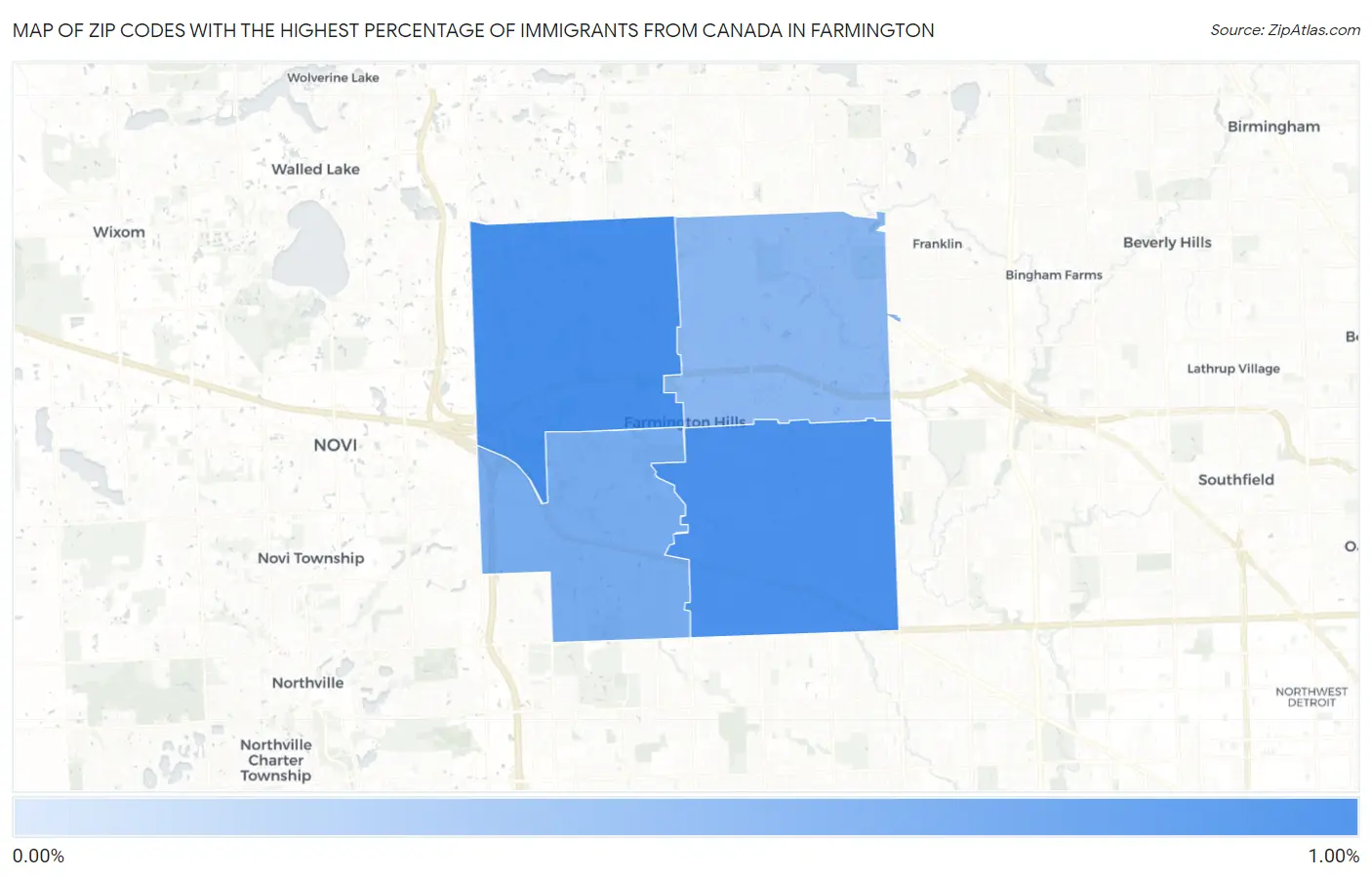 Zip Codes with the Highest Percentage of Immigrants from Canada in Farmington Map