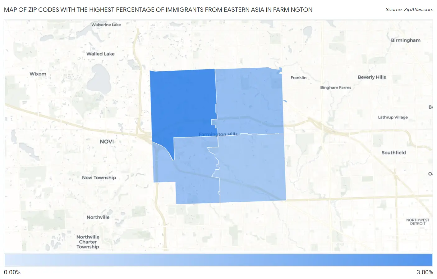 Zip Codes with the Highest Percentage of Immigrants from Eastern Asia in Farmington Map
