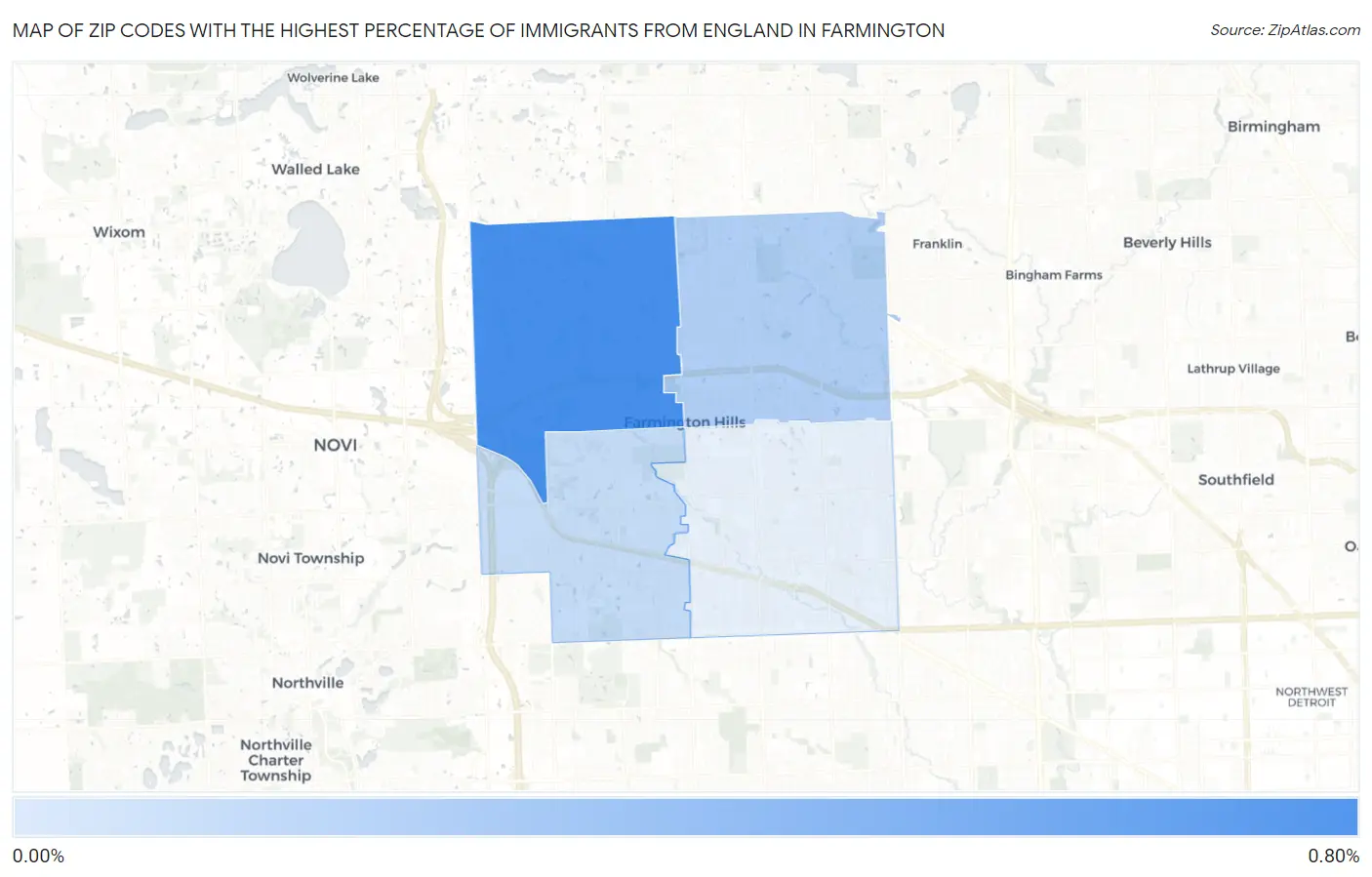 Zip Codes with the Highest Percentage of Immigrants from England in Farmington Map