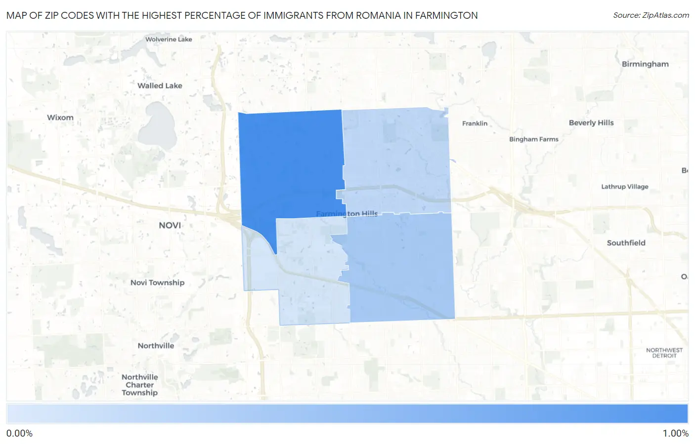 Zip Codes with the Highest Percentage of Immigrants from Romania in Farmington Map