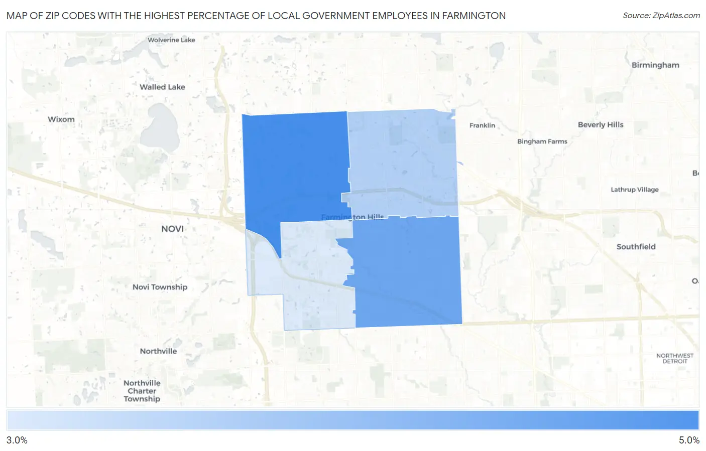 Zip Codes with the Highest Percentage of Local Government Employees in Farmington Map