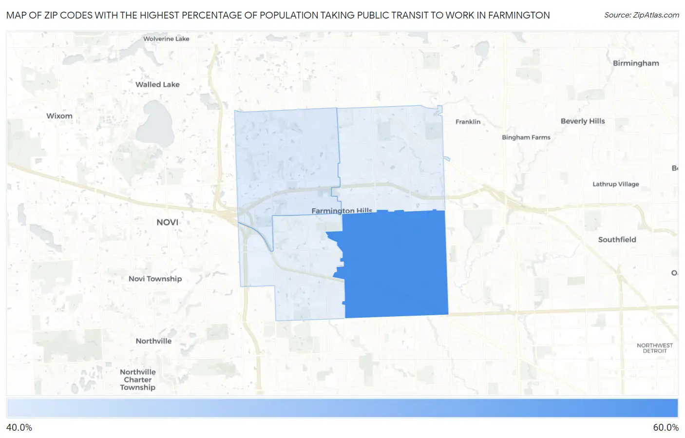 Zip Codes with the Highest Percentage of Population Taking Public Transit to Work in Farmington Map