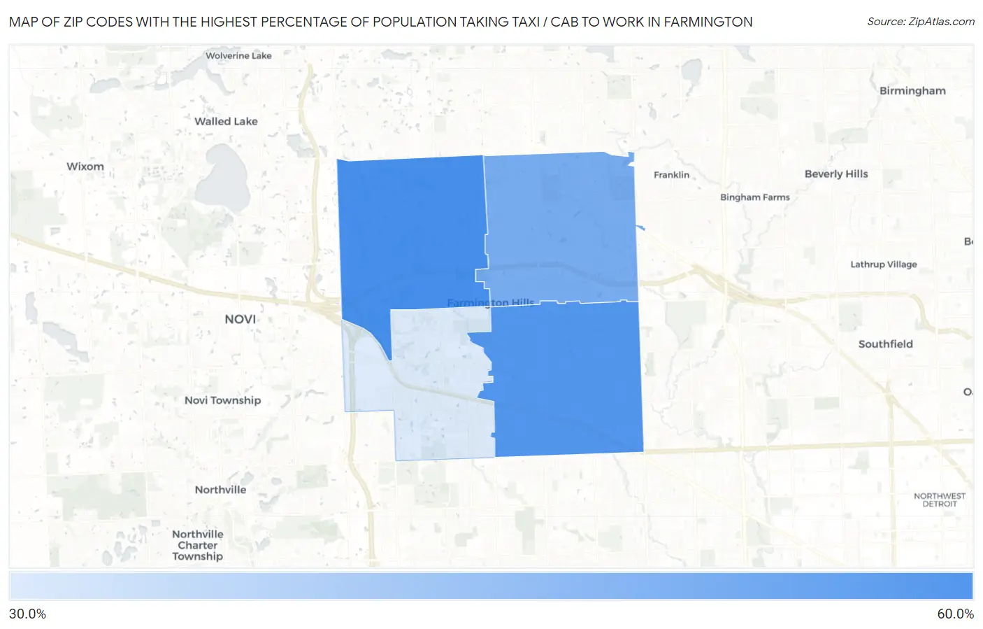 Zip Codes with the Highest Percentage of Population Taking Taxi / Cab to Work in Farmington Map