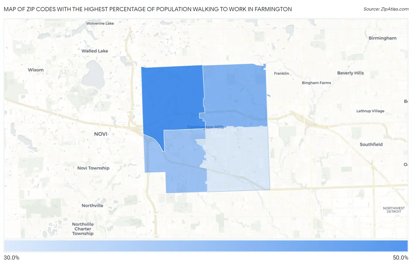 Zip Codes with the Highest Percentage of Population Walking to Work in Farmington Map
