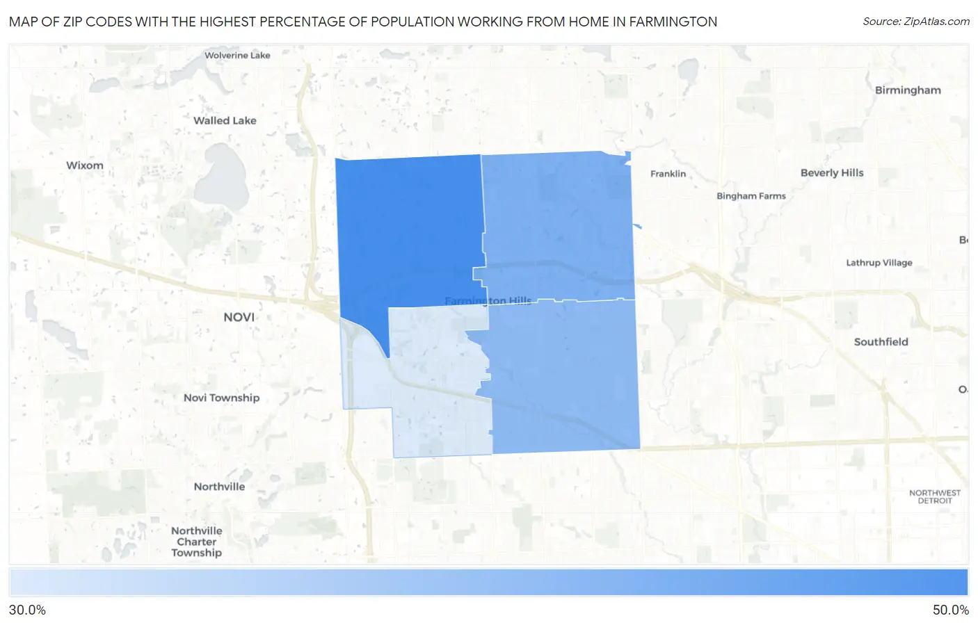 Zip Codes with the Highest Percentage of Population Working from Home in Farmington Map