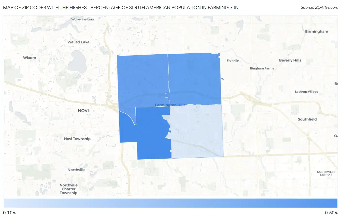 Zip Codes with the Highest Percentage of South American Population in Farmington Map