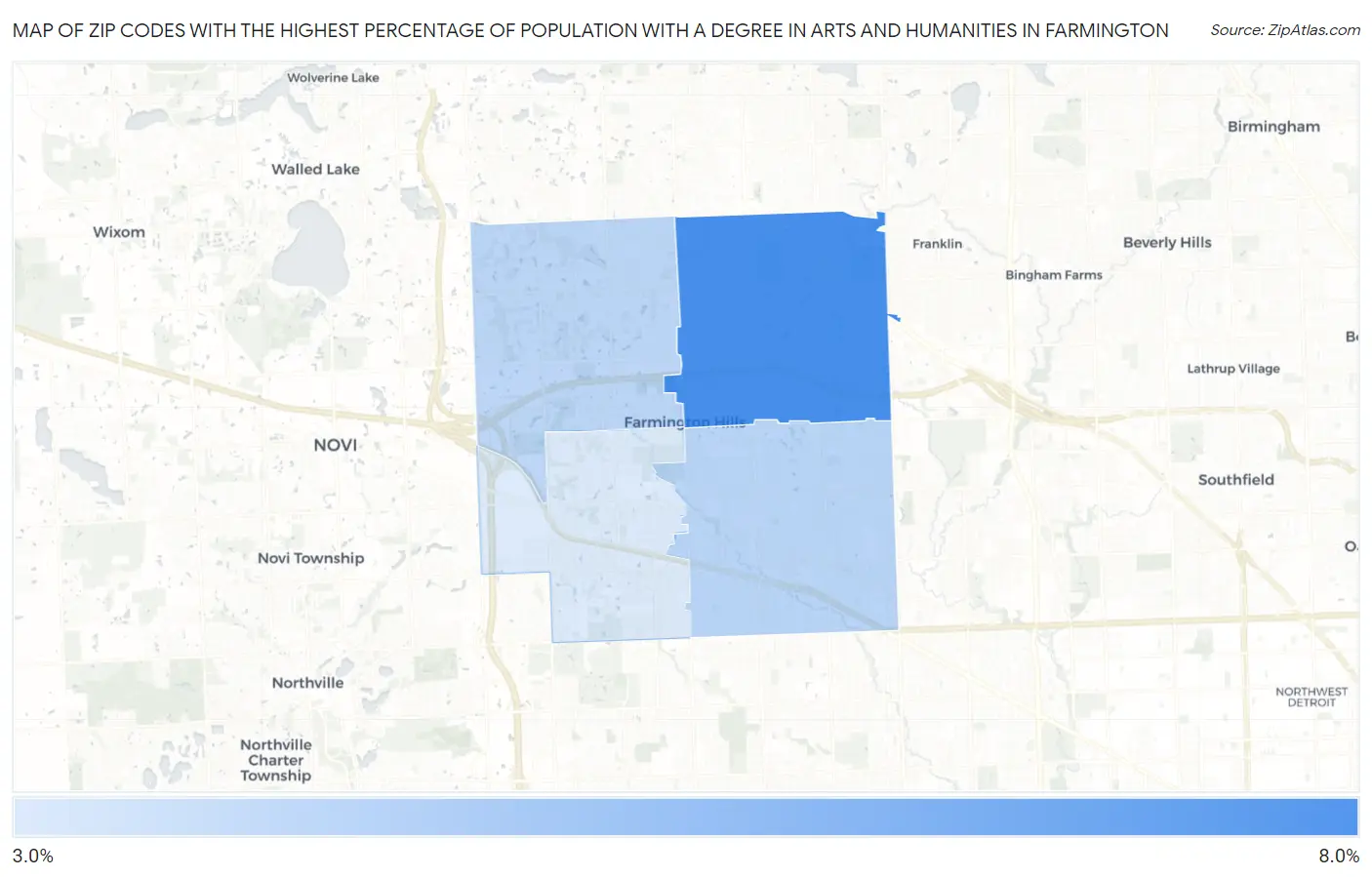 Zip Codes with the Highest Percentage of Population with a Degree in Arts and Humanities in Farmington Map