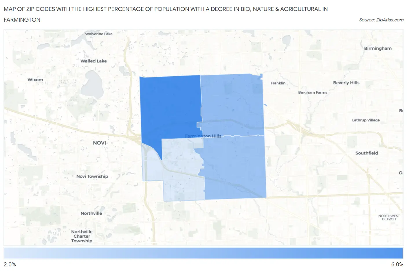 Zip Codes with the Highest Percentage of Population with a Degree in Bio, Nature & Agricultural in Farmington Map