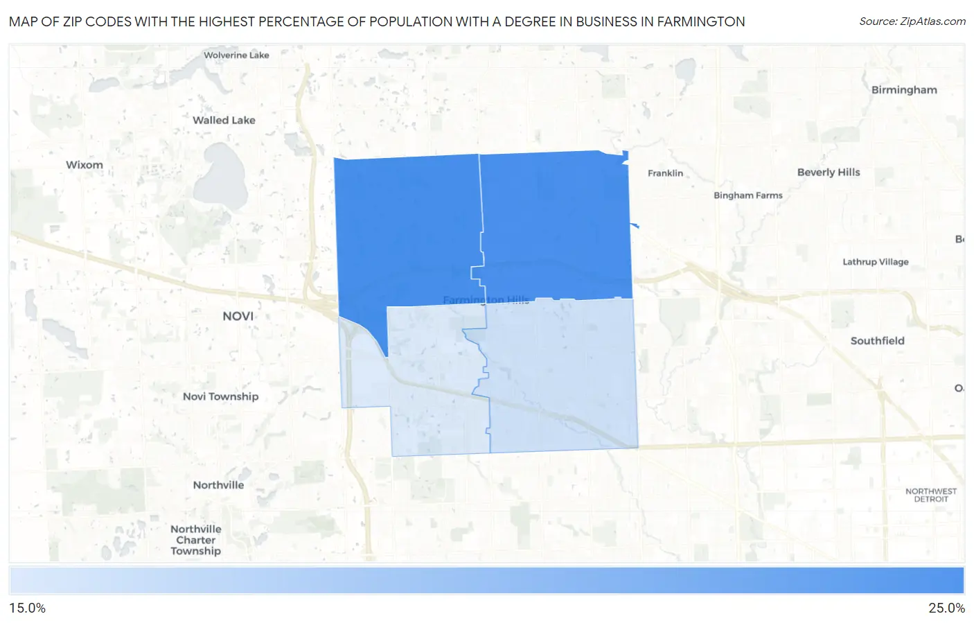 Zip Codes with the Highest Percentage of Population with a Degree in Business in Farmington Map