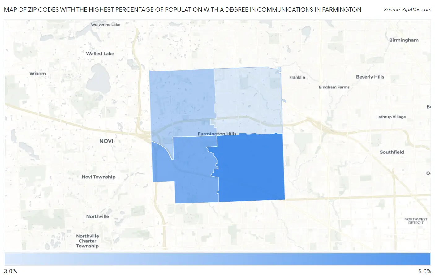 Zip Codes with the Highest Percentage of Population with a Degree in Communications in Farmington Map