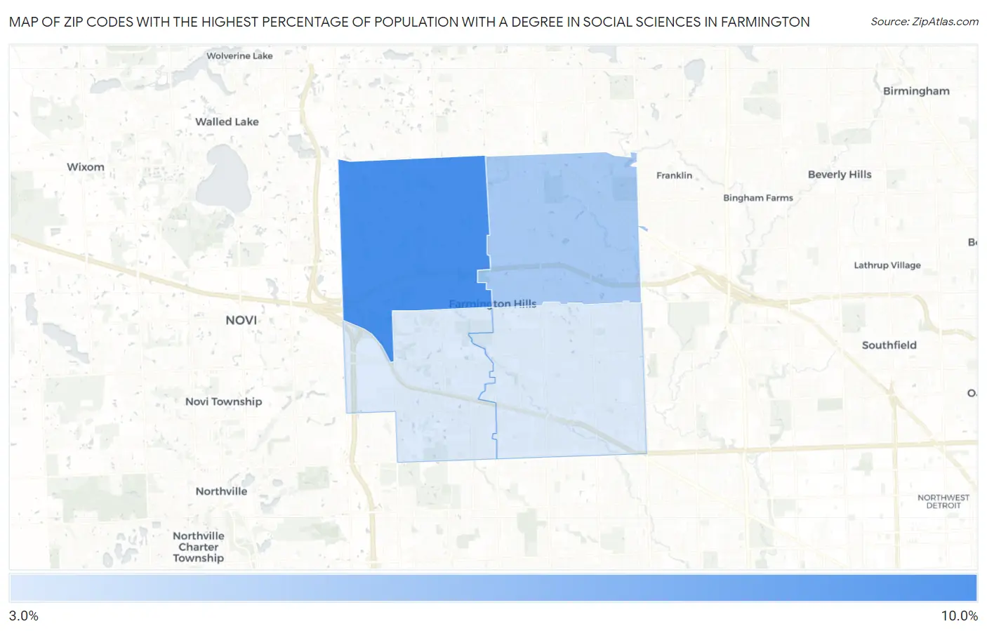Zip Codes with the Highest Percentage of Population with a Degree in Social Sciences in Farmington Map