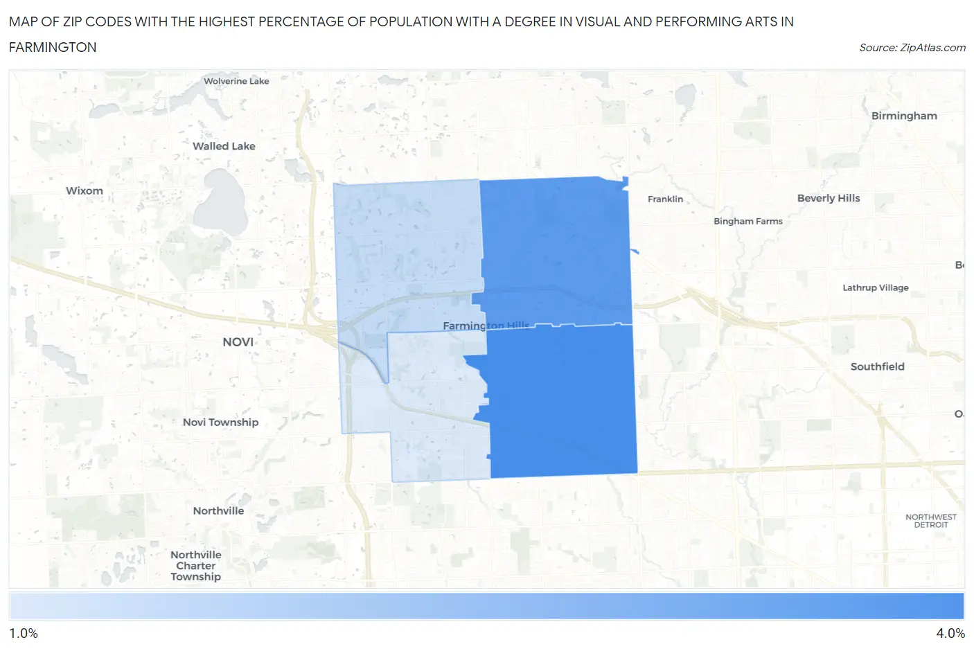 Zip Codes with the Highest Percentage of Population with a Degree in Visual and Performing Arts in Farmington Map